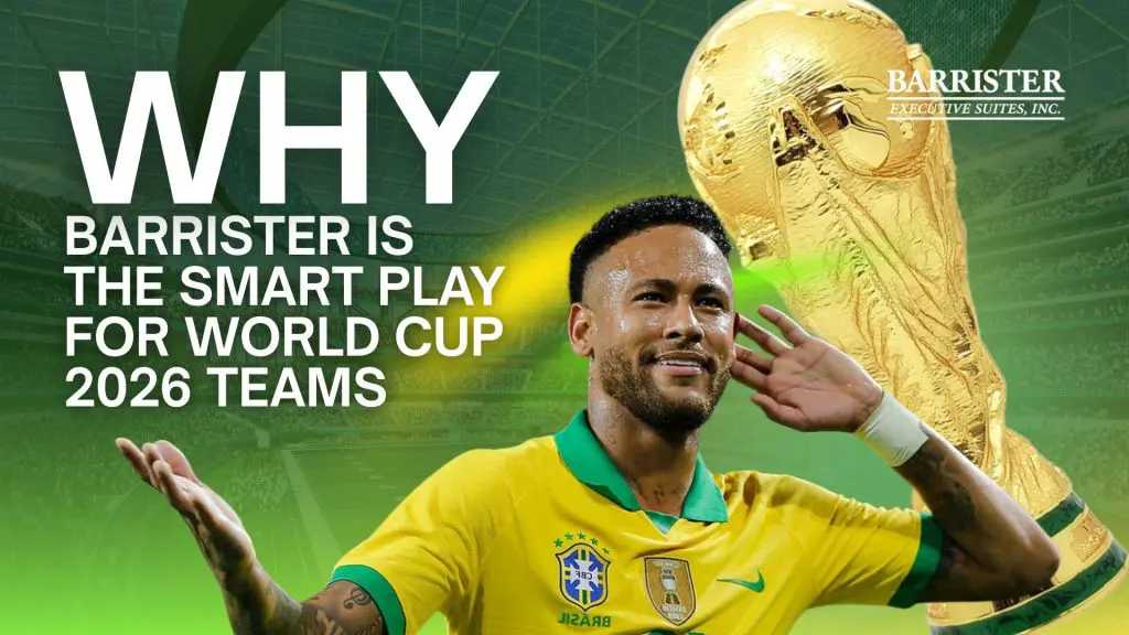 Barrister Suites Office Lease Brazilian soccer player in a yellow jersey celebrates in front of a large gold World Cup trophy, with stadium lights in the background and text promoting Barrister Executive Suites for World Cup 2026 teams.