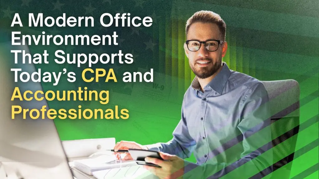Barrister Suites Office Lease A smiling man with glasses sits at a desk holding a tablet and pen. Text reads: A modern office environment that supports today’s CPA and accounting professionals. The background blends green and yellow tones.