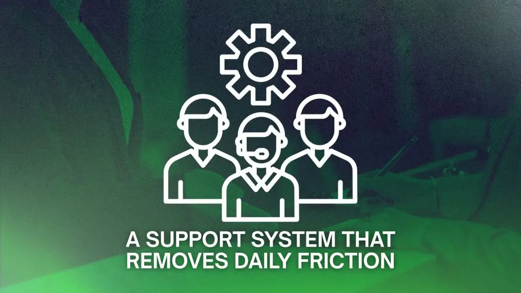 Barrister Suites Office Lease White line art of three people, one with a headset, under a gear icon, on a green gradient background. Below, text reads: A SUPPORT SYSTEM THAT REMOVES DAILY FRICTION.