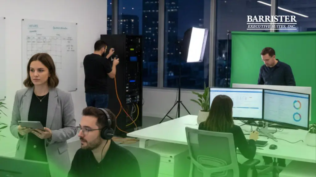 Barrister Suites Office Lease Four people work in a modern office with monitors and equipment. One woman stands holding a tablet, while three others work at computers and with video equipment. The Barrister Executive Suites, Inc. logo appears in the top right.