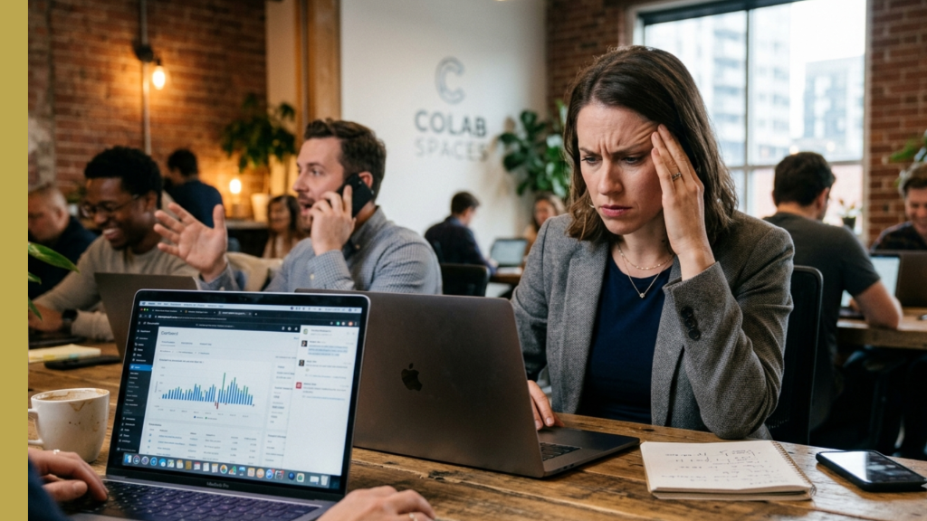 Barrister Suites Office Lease A woman looks stressed while working on her laptop in a busy coworking space. Other people nearby are talking and on the phone. A notebook, coffee cup, and another open laptop with graphs are on the table.