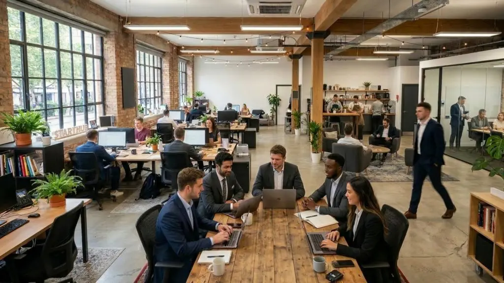 Barrister Suites Office Lease Open-plan modern office with people working at desks and collaborating in groups. A group of five professionals in business attire meet at a central table, while others work or walk through the spacious, naturally lit area.