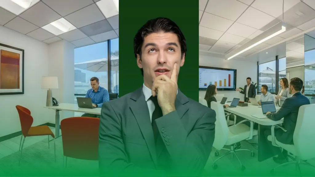 Barrister Suites Office Lease A man in a suit thinking, overlaid on a split background showing two modern office scenes: one with two people working quietly, the other with a group in a meeting around a conference table.