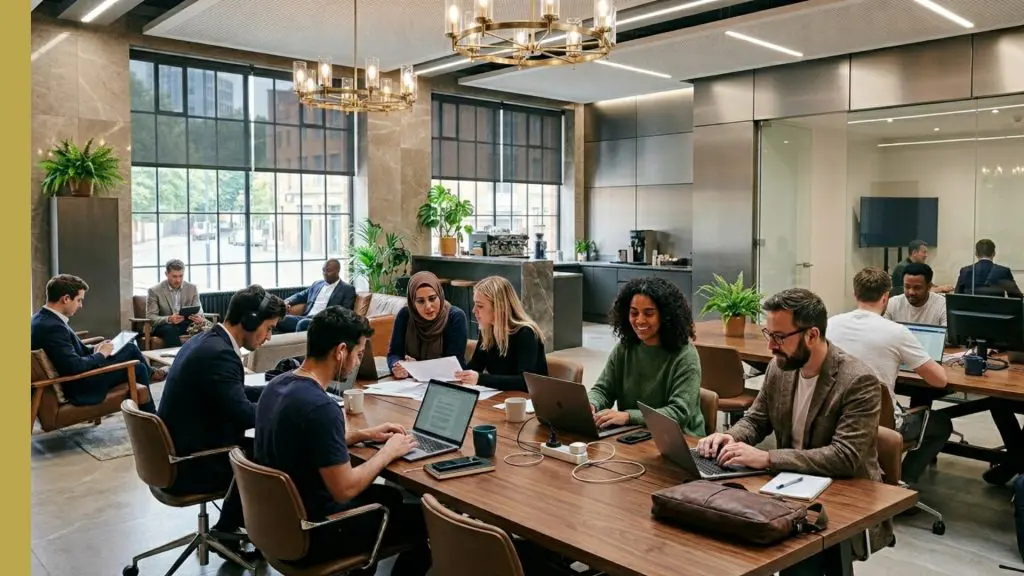 Barrister Suites Office Lease Modern office space with diverse people working together at shared tables, using laptops and documents. Large windows, plants, and contemporary decor create an open, collaborative atmosphere.