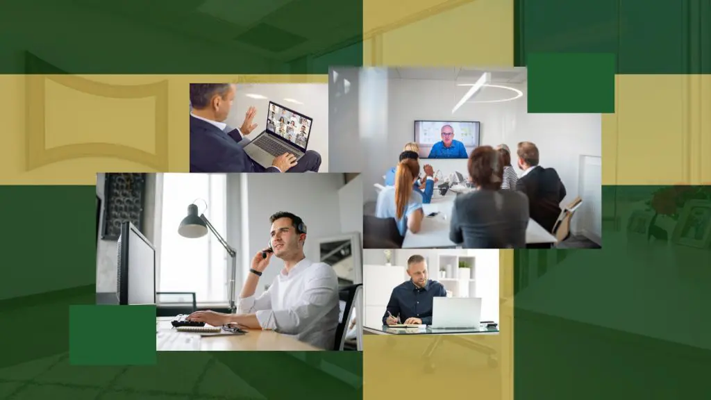 Barrister Suites Office Lease A collage showing professionals in business settings: video calls, meetings, and individuals working at desks, symbolizing remote work and online collaboration. Green and gold geometric shapes form the background.