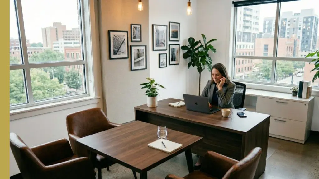 Barrister Suites Office Lease A woman sits at a wooden desk in a bright, modern office with large windows, talking on the phone and using a laptop. The room has plants, framed pictures, and brown leather chairs around a table.