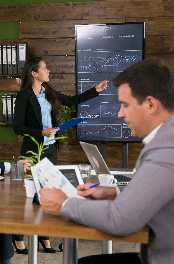 Barrister Suites Office Lease A woman presents data on a large screen showing graphs and charts to colleagues seated at a table with laptops and documents during a business meeting.