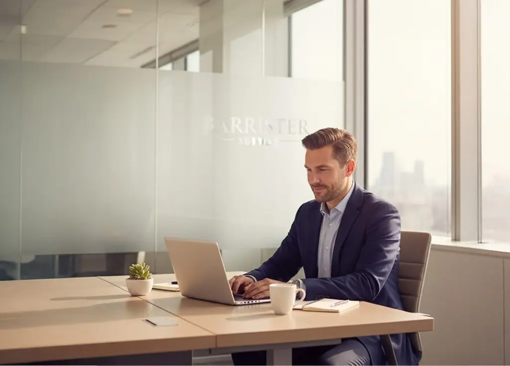 Barrister Suites Office Lease A man in a suit works on a laptop at a modern office desk with a coffee cup, notebook, and small plant. Sunlight streams through large windows; Barrister Suites is visible on the glass wall behind him.