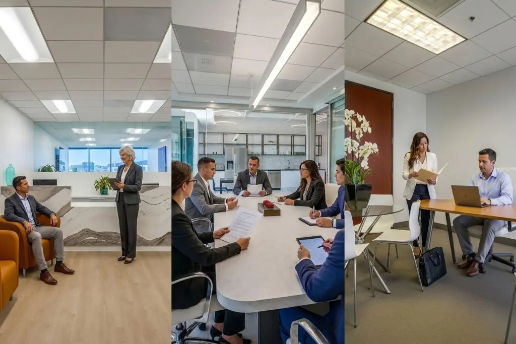 Barrister Suites Office Lease Three office scenes: two people talking in a lobby, a group meeting at a conference table, and two colleagues discussing work at a table with a laptop. Professional, modern office environment.