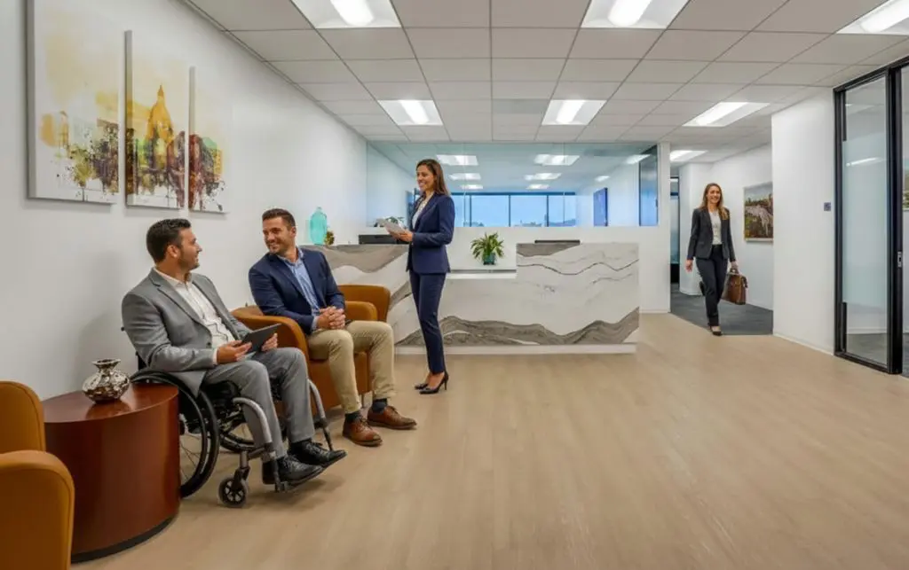 Barrister Suites Office Lease Two men in business attire, one in a wheelchair, sit and talk in a modern office lobby. A woman with a tablet stands near a marble reception desk while another woman walks down the hallway.