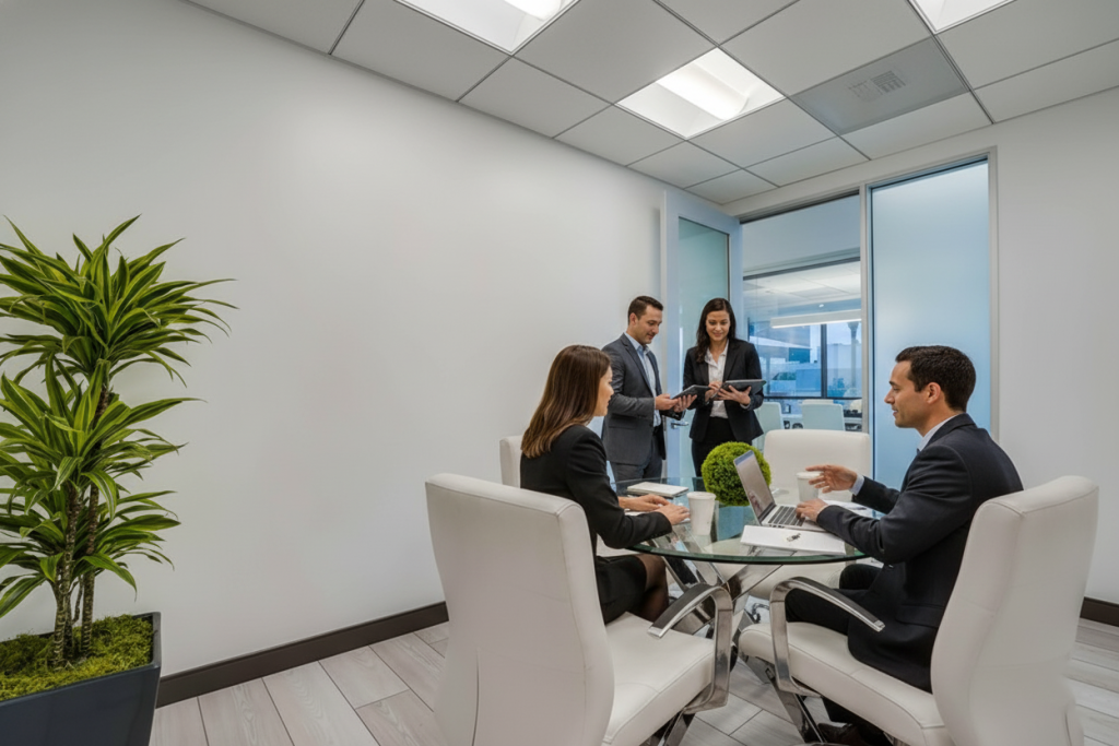 Barrister Suites Office Lease Four business professionals meet in a modern office. Two sit at a round glass table with laptops, while two stand nearby holding documents. The room has white walls, plants, and bright overhead lighting.