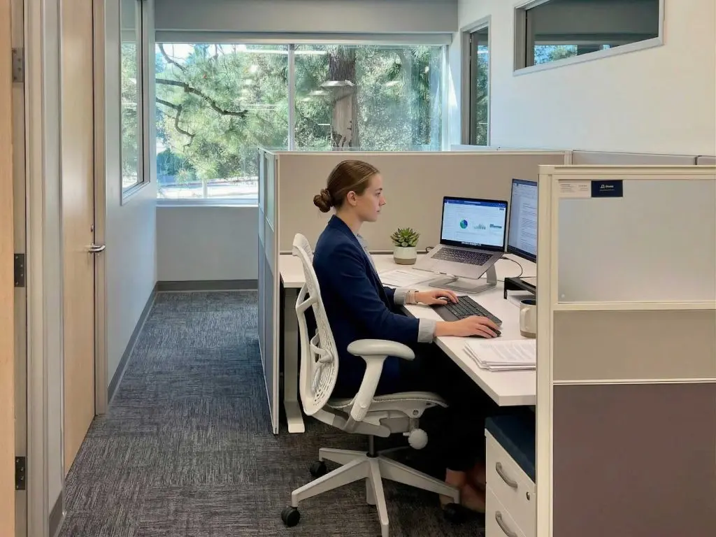 Barrister Suites Office Lease A woman in business attire sits at a desk in a modern office cubicle, working on a computer with dual monitors. A plant, mug, and documents are on the desk. Large windows show trees outside.