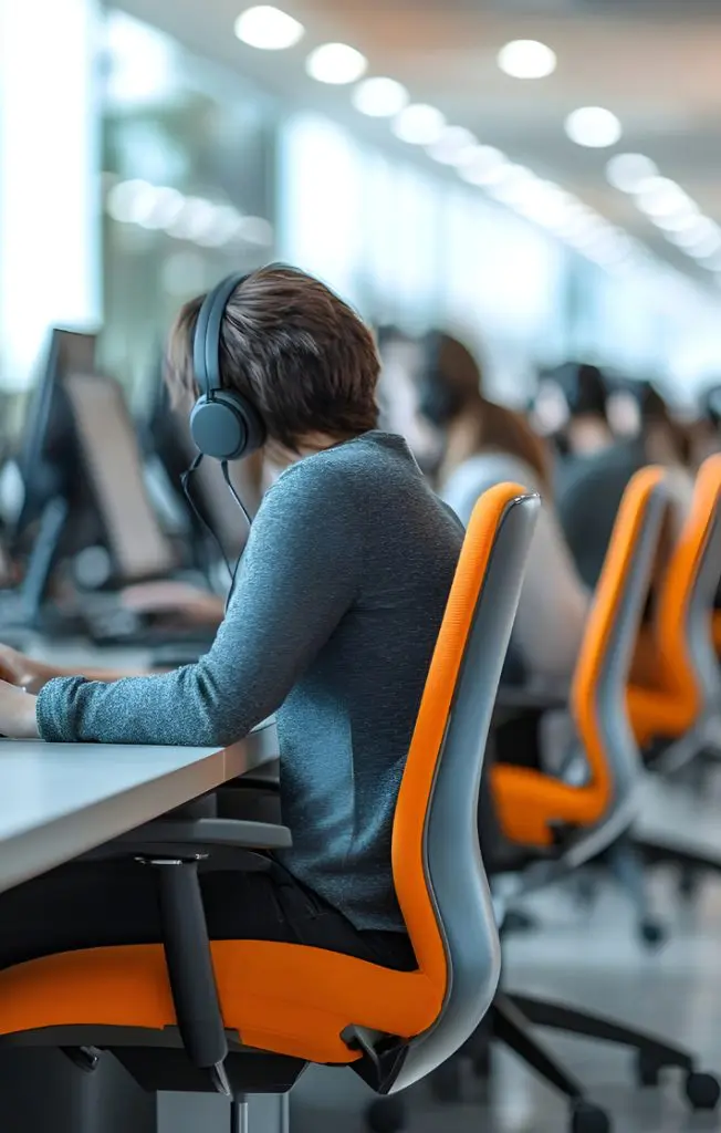 Barrister Suites Office Lease A person wearing headphones works at a computer in a modern office with orange chairs, alongside several other people seated at desks in the background.