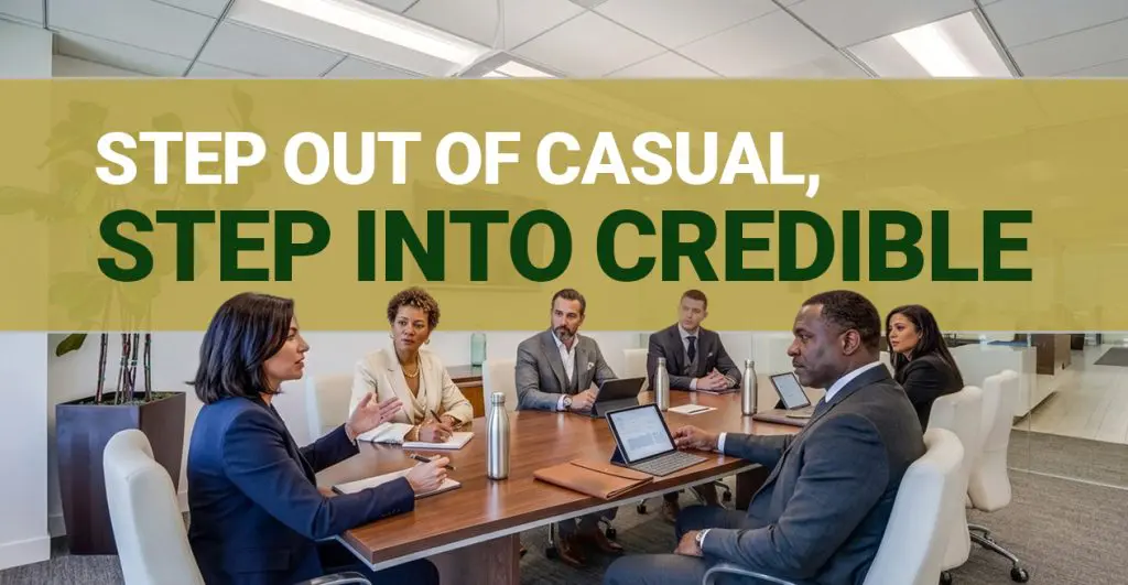 Barrister Suites Office Lease Six professionals in business attire sit around a conference table in a modern office, with the text Step Out of Casual, Step Into Credible overlaid in bold letters.