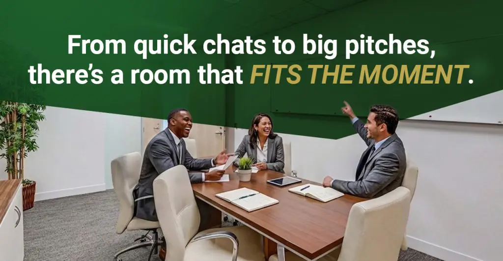 Barrister Suites Office Lease Three professionally dressed people sit around a conference table in a modern office, smiling and talking. Text above them reads: From quick chats to big pitches, there’s a room that FITS THE MOMENT.