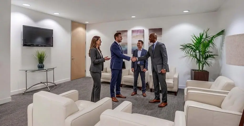 Barrister Suites Office Lease Four people in business attire are in a modern office lounge. Two men are shaking hands while the other two watch. The room has white chairs, a potted plant, a TV, and abstract art on the walls.