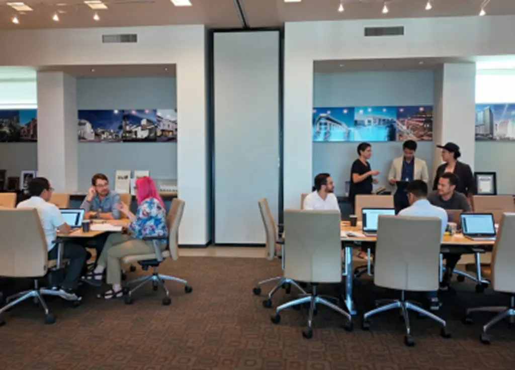 Barrister Suites Office Lease A group of people work and talk in a modern office space, seated at tables with laptops, while others stand and chat in the background near large cityscape photos on the walls.