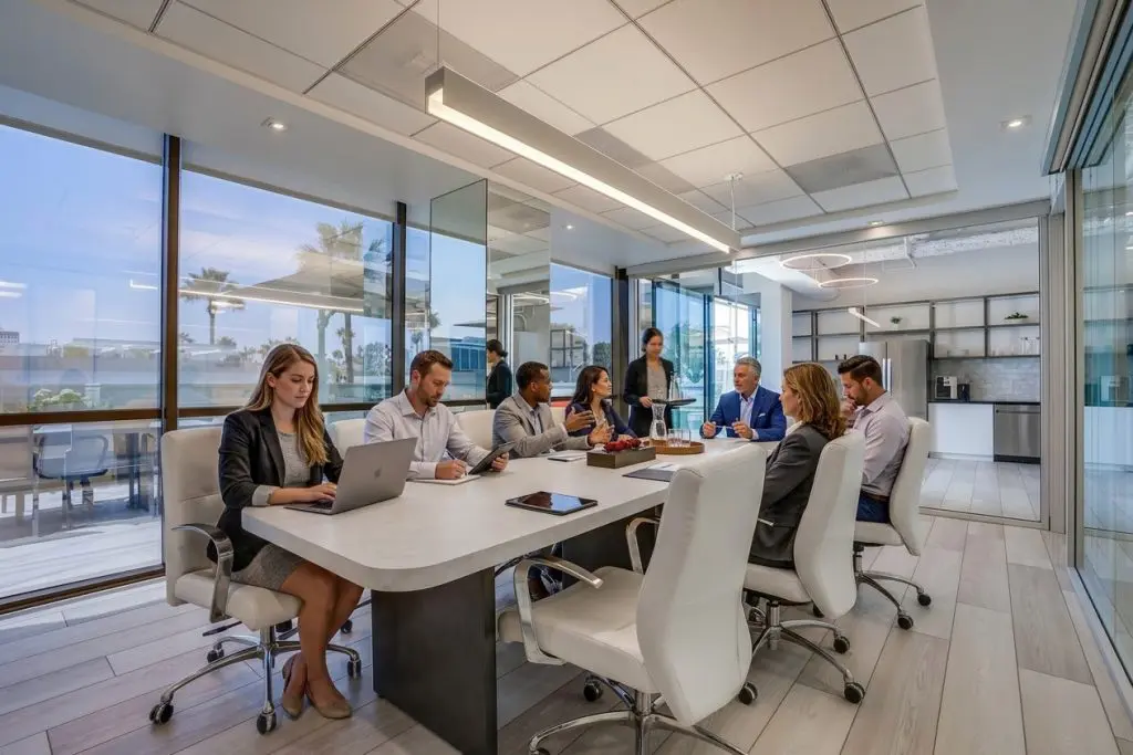Barrister Suites Office Lease A group of business professionals sit around a conference table in a modern office with large windows. Some are using laptops and tablets, while others are engaged in discussion. One person stands near a glass wall.