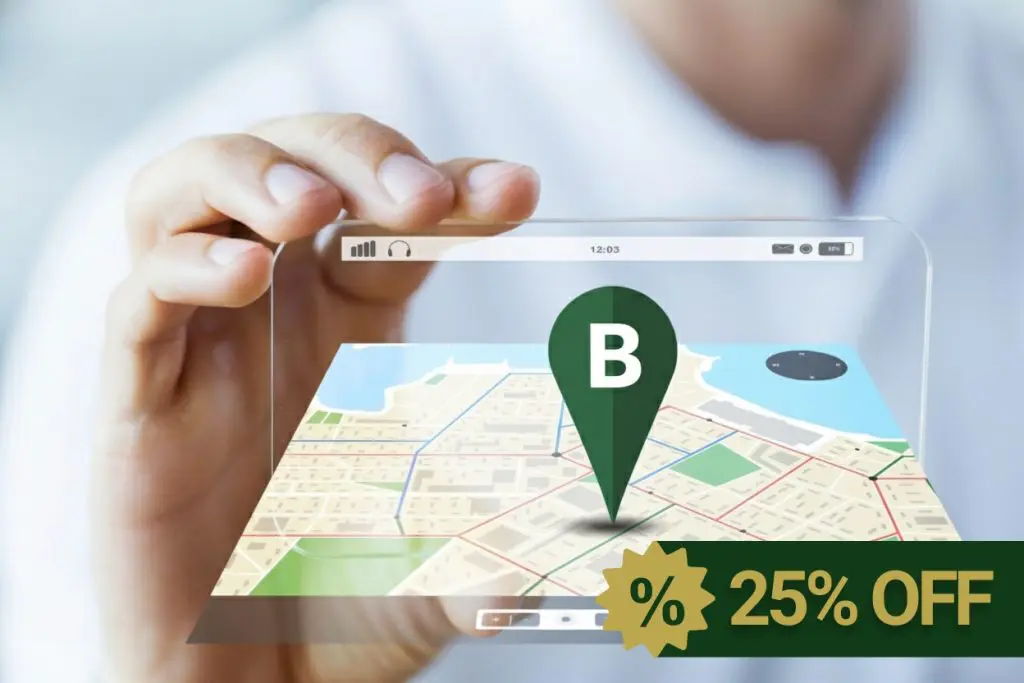 Barrister Suites Office Lease A person holds a transparent digital tablet displaying a map with a location pin labeled B. A green banner in the corner reads 25% OFF with a percent symbol.