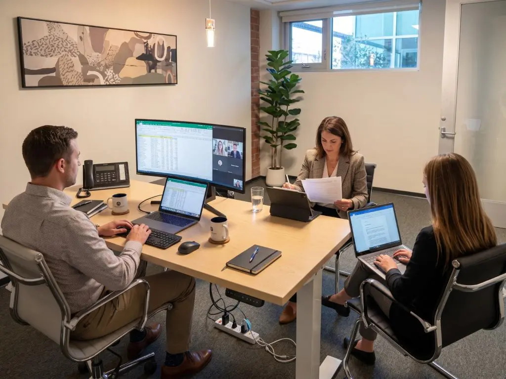Barrister Suites Office Lease Three people work at a conference table with laptops and papers. Two large monitors display spreadsheets and a video call. Office phones, coffee mugs, and a plant are visible in the modern, well-lit room.