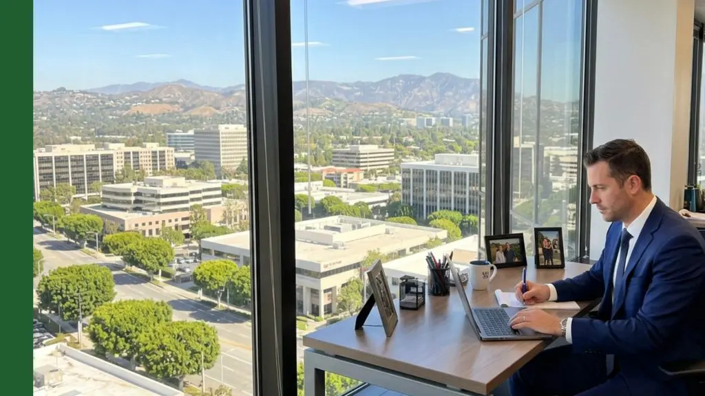 Barrister Suites Office Lease A man in a suit works on a laptop at a desk in a high-rise office with large windows, overlooking a cityscape with buildings, trees, and distant mountains. Family photos and office supplies are on the desk.