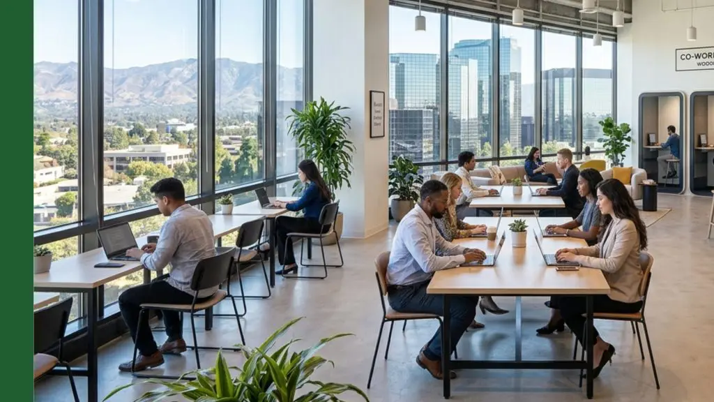 Barrister Suites Office Lease People working on laptops at shared desks in a modern, bright office with large windows, cityscape and mountain views, and indoor plants. The space feels open and collaborative.