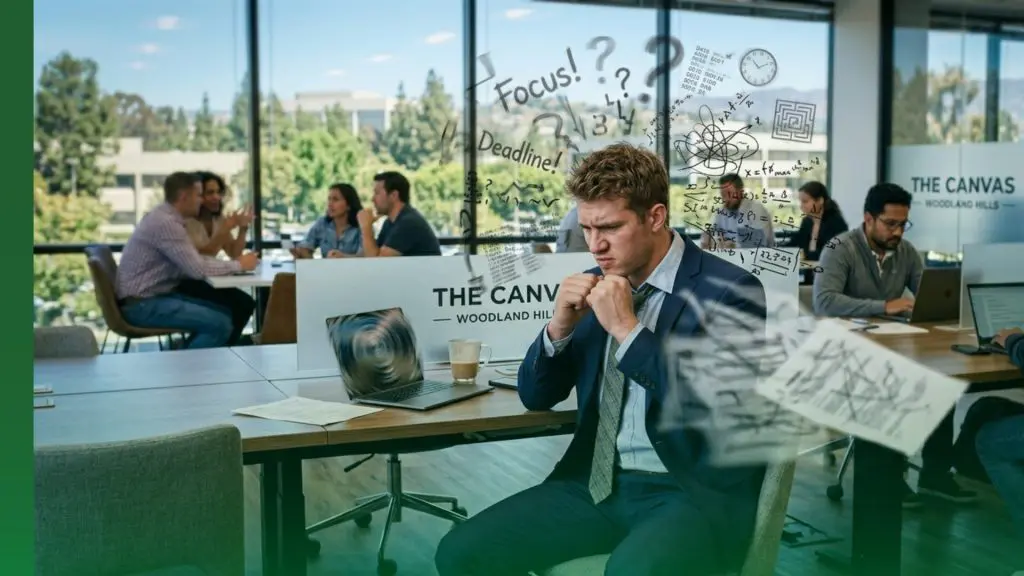 Barrister Suites Office Lease A man in a suit sits at a desk, looking stressed as illustrated papers and chaotic symbols float around him. Other people work calmly in the background in a modern office with large windows.