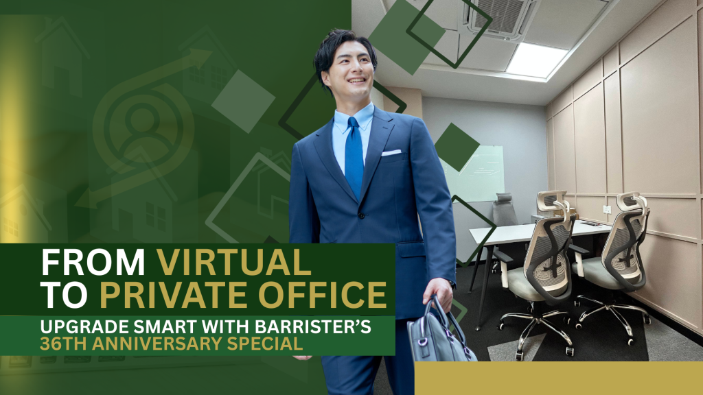Barrister Suites Office Lease A professionally dressed man smiles while walking into a modern private office with two chairs and a table; text reads From Virtual to Private Office. Upgrade Smart with Barristers 36th Anniversary Special.