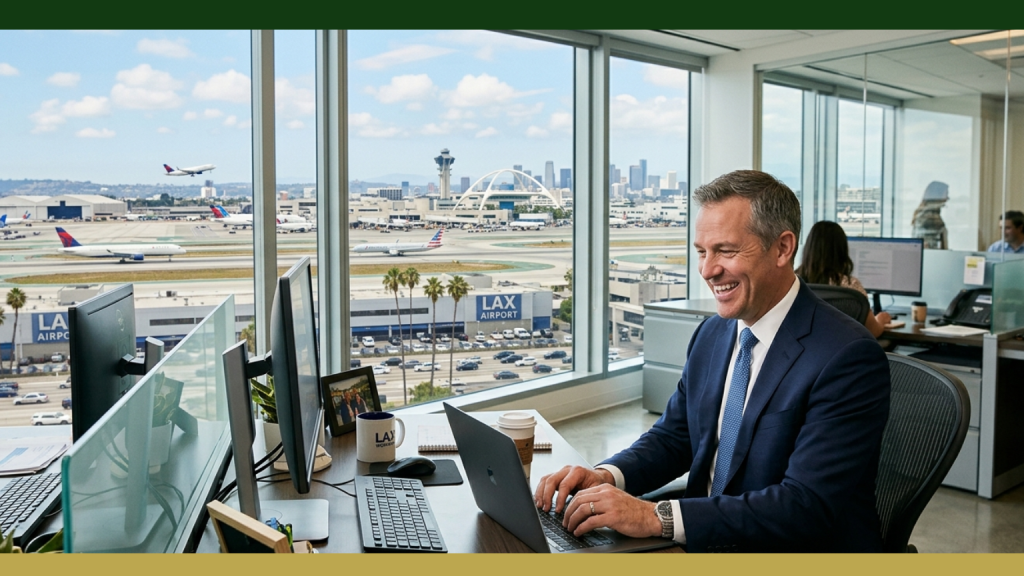 Barrister Suites Office Lease A man in a suit smiles while working on a laptop in an office with large windows overlooking LAX airport runways, planes, and the city skyline in the background. Office desks and colleagues are visible nearby.