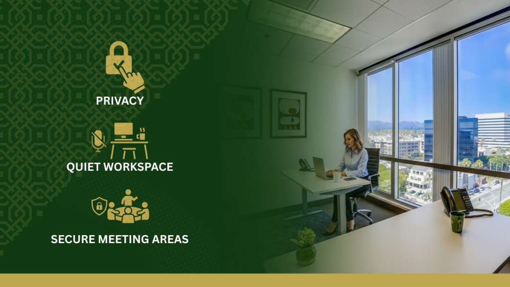 Barrister Suites Office Lease A woman works alone at a desk in a bright office with large windows. On the left, icons highlight privacy, a quiet workspace, and secure meeting areas on a green patterned background.
