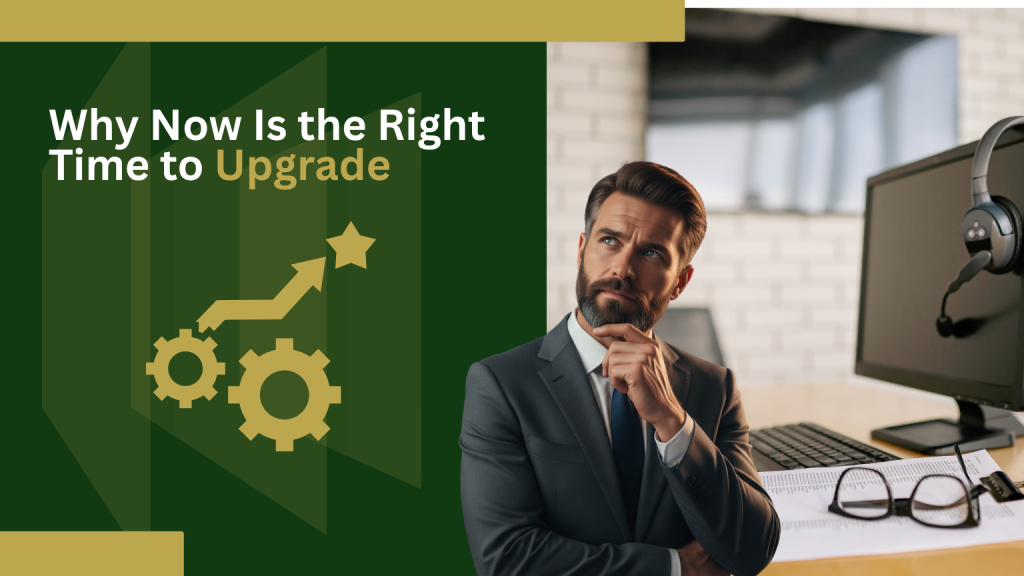 Barrister Suites Office Lease A thoughtful man in a suit stands in an office next to a desk with a headset, glasses, and computer. Beside him, text reads, Why Now Is the Right Time to Upgrade with upward arrow and gear icons.