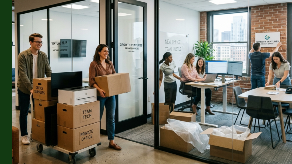Barrister Suites Office Lease Several people are moving into a modern office, carrying boxes and setting up desks and computer equipment. Others are unpacking items and working together, with large windows and city buildings visible outside.