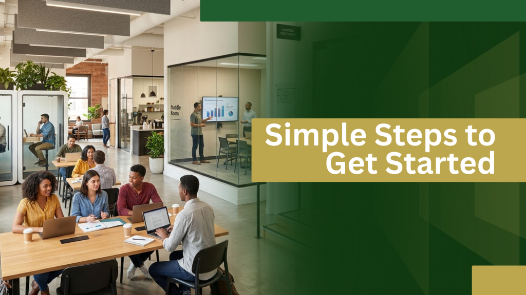 Barrister Suites Office Lease A modern office with diverse people collaborating at tables and in glass meeting rooms. A screen shows a bar graph. Text on a green background reads, “Simple Steps to Get Started.”.