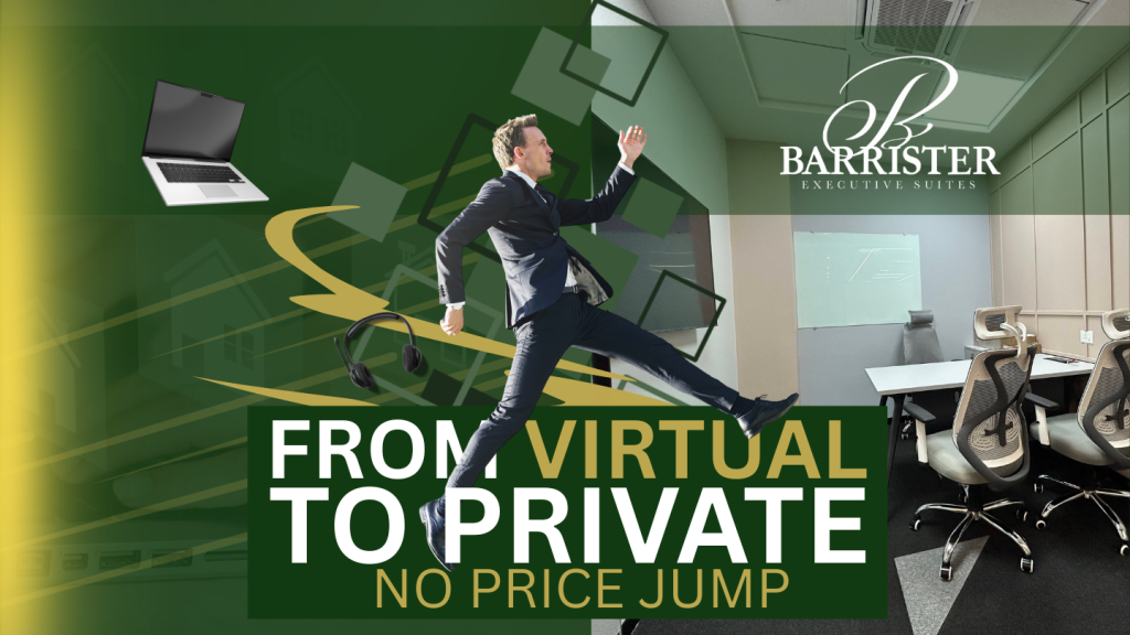 Barrister Suites Office Lease A man in a business suit jumps from a virtual workspace, symbolized by a laptop and headset, to a private office. Text reads From Virtual to Private, No Price Jump with Barrister Executive Suites branding.
