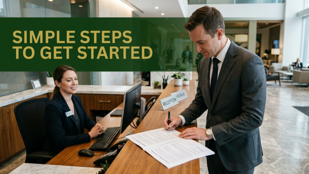 Barrister Suites Office Lease A man in a suit signs documents at a reception desk while a receptionist smiles at him. The text on the image reads, Simple steps to get started. The setting appears to be a modern office lobby.