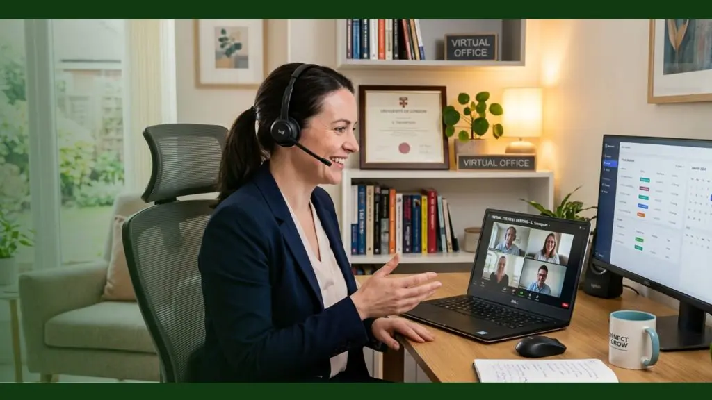 Barrister Suites Office Lease A woman wearing a headset sits at a desk, smiling and gesturing during a video call on her laptop. Her home office has bookshelves, framed certificates, and a notepad with a pen beside her.