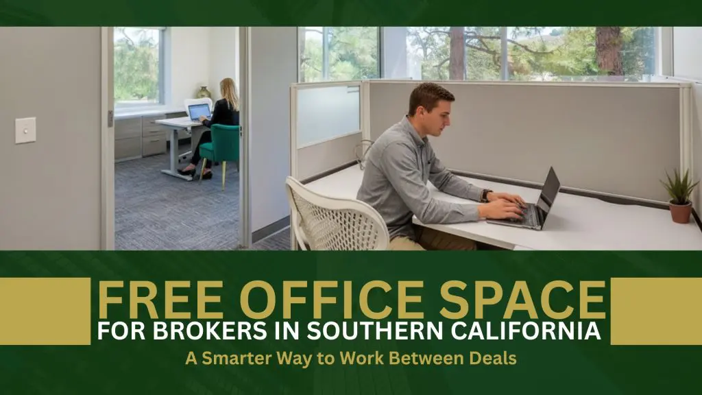 Barrister Suites Office Lease A man works on a laptop in a modern office cubicle while a woman sits at a desk in a separate room. Text on image: FREE OFFICE SPACE FOR BROKERS IN SOUTHERN CALIFORNIA. A Smarter Way to Work Between Deals.
