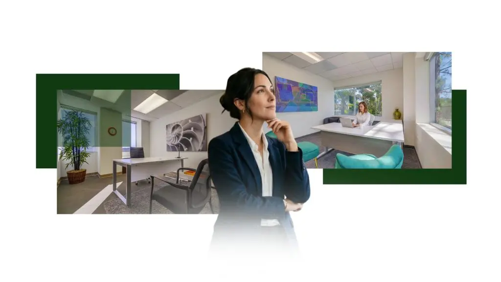 Barrister Suites Office Lease A woman in business attire stands in the foreground, looking thoughtful. Behind her are images of modern, bright office spaces with desks, chairs, large windows, and green plants.