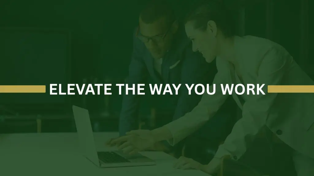 Barrister Suites Office Lease Two professionals, a man and a woman, look at a laptop together with the text ELEVATE THE WAY YOU WORK across the center of the image.