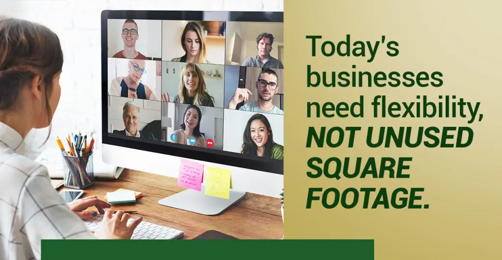 Barrister Suites Office Lease A woman participates in a video conference on her computer with nine people. Text on the image reads: Todays businesses need flexibility, NOT UNUSED SQUARE FOOTAGE.
