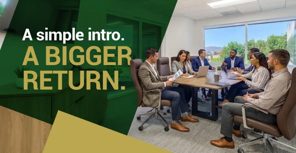 Barrister Suites Office Lease A diverse group of professionals sit around a conference table in a bright office. Large text reads, A simple intro. A bigger return. Green and gold geometric shapes overlay part of the image.