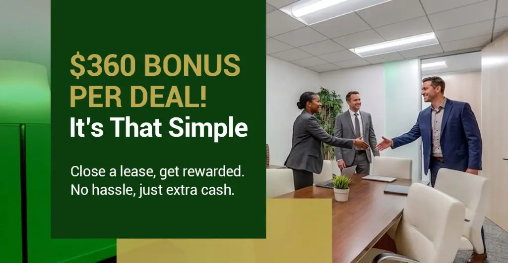 Barrister Suites Office Lease Two men and a woman in business attire shake hands in a modern office. Text reads: $360 bonus per deal! Its that simple. Close a lease, get rewarded. No hassle, just extra cash.