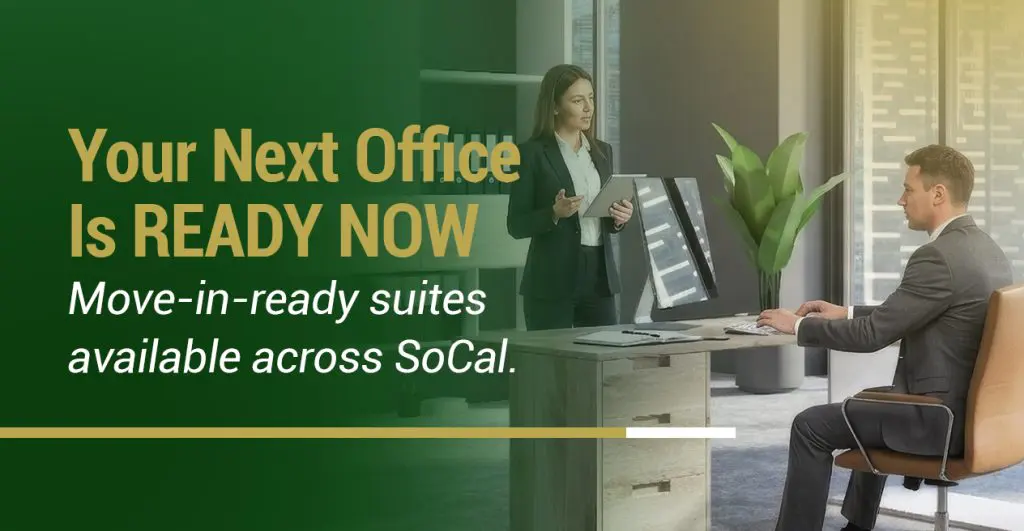 Barrister Suites Office Lease A businesswoman stands by a desk speaking to a seated businessman in a modern office. Text reads: Your Next Office Is READY NOW. Move-in-ready suites available across SoCal.