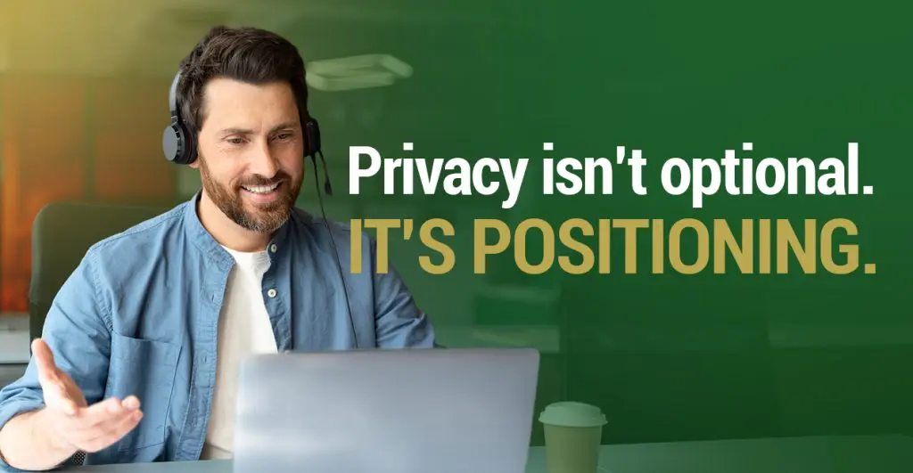 Barrister Suites Office Lease A man with a headset smiles while using a laptop. Text beside him reads, “Privacy isn’t optional. IT’S POSITIONING.” A coffee cup sits on the desk in front of him. The background is green and yellow.