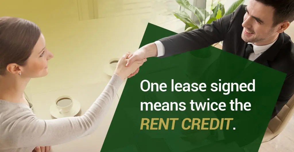 Barrister Suites Office Lease A woman and a man in business attire are smiling and shaking hands across a table with two cups, with the text: One lease signed means twice the RENT CREDIT. displayed on the image.