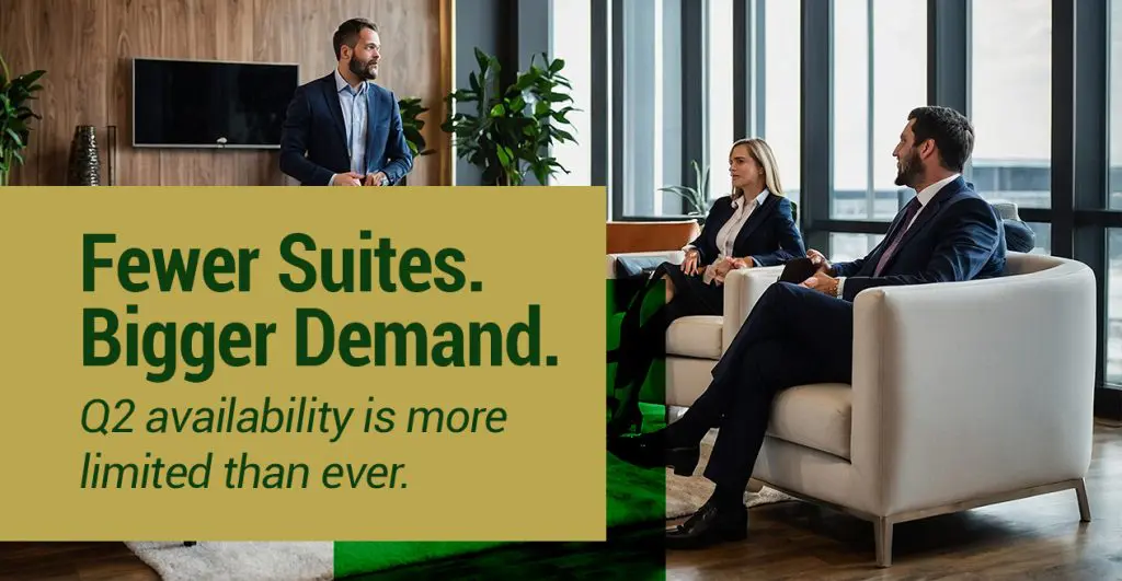 Barrister Suites Office Lease A man stands and speaks to a seated man and woman in a modern, bright office lounge. Overlay text reads: “Fewer Suites. Bigger Demand. Q2 availability is more limited than ever.”.