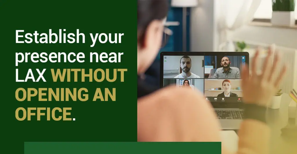 Barrister Suites Office Lease A person waves at a laptop screen during a virtual video call with four people. Text on the image reads, Establish your presence near LAX without opening an office.
