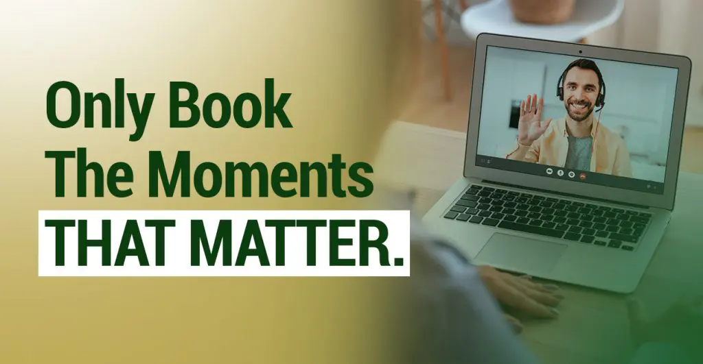 Barrister Suites Office Lease A person on a video call waves from a laptop screen. Next to the laptop, text reads: Only Book The Moments THAT MATTER. The background is a gradient of green and yellow.