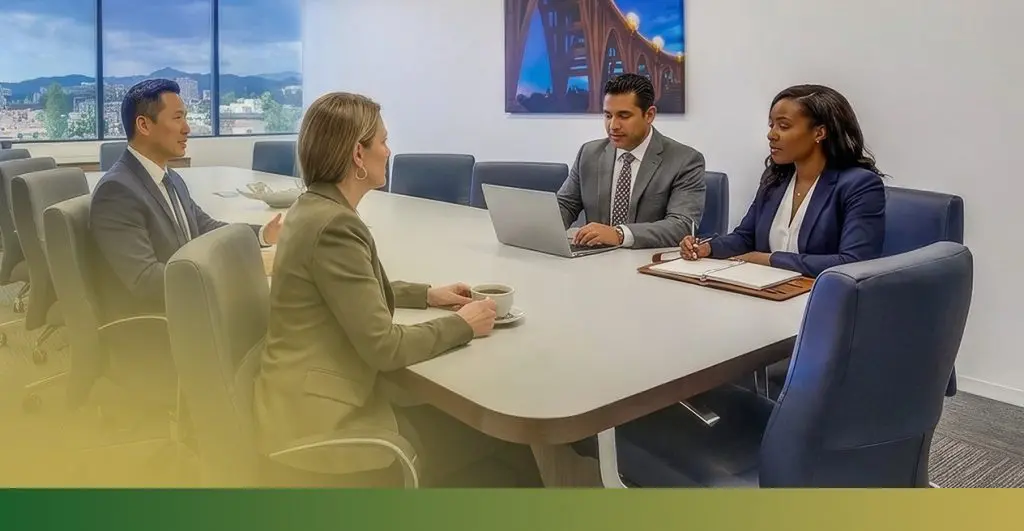 Barrister Suites Office Lease Four business professionals sit around a conference table in a modern office, engaged in a meeting. Two men and two women are having a discussion, with laptops, notebooks, and coffee in front of them.