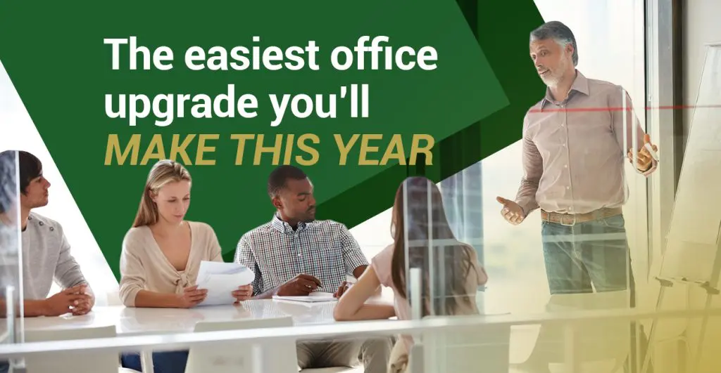 Barrister Suites Office Lease A man stands and presents to four seated colleagues in a modern office. Text on the image reads: The easiest office upgrade youll MAKE THIS YEAR.